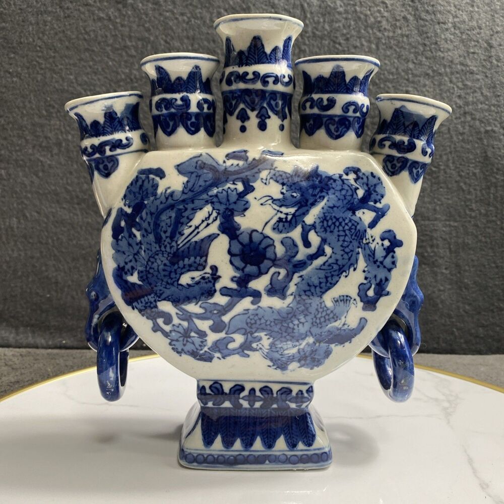Vintage Chinese Porcelain Blue & White Five Neck Ming Style Flask Dragon